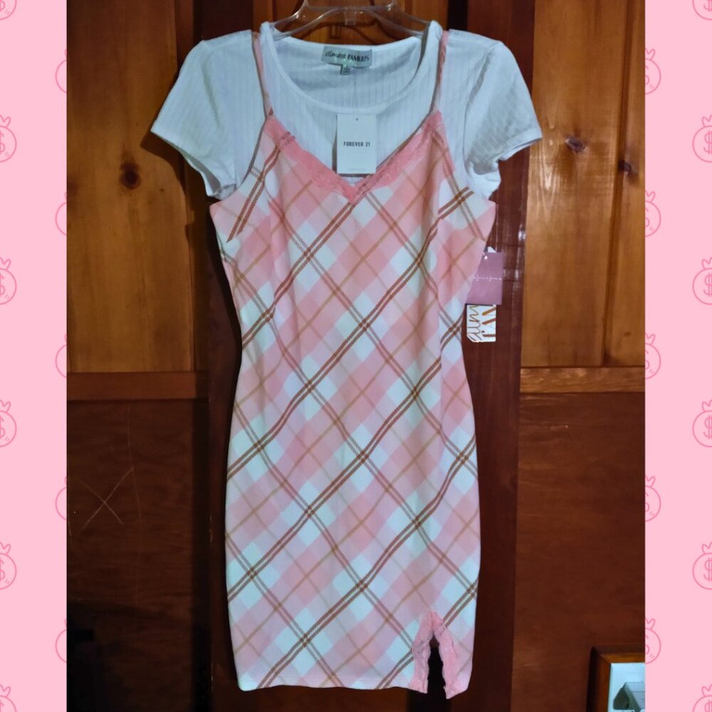 Almost Famous Pink Plaid Dress and Tee Set